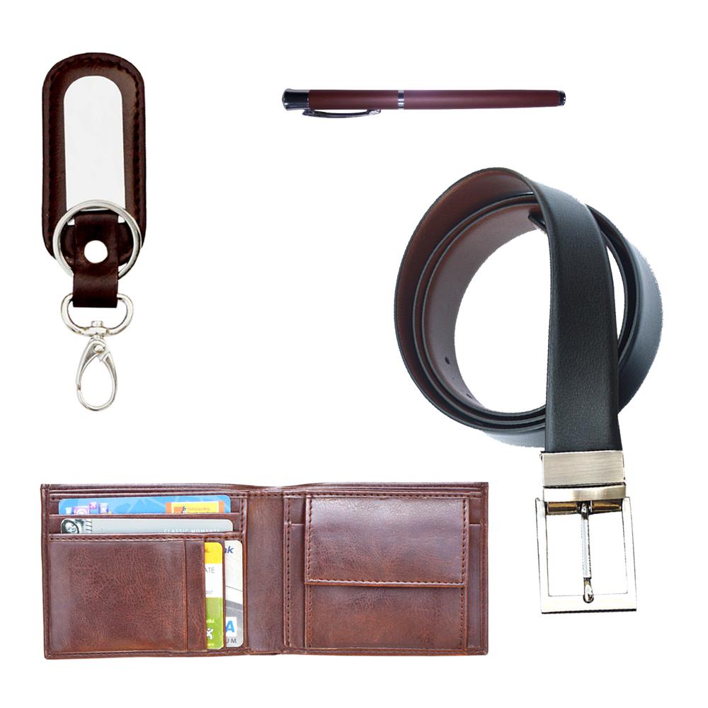 Gents Wallet Reversible Leather Belt Key Ring With Dog Hook Metal Roller Pen Set - Color: Black