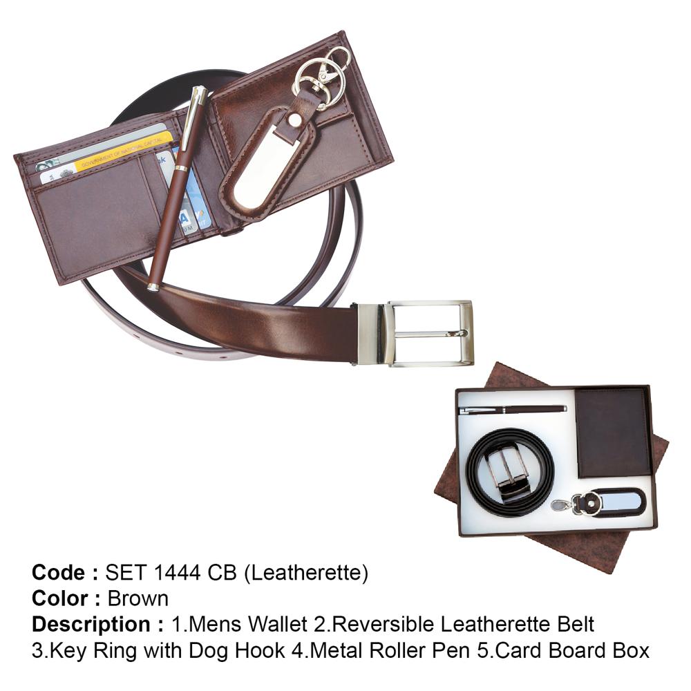 Gents Wallet Reversible Leather Belt Key Ring With Dog Hook Metal Roller Pen Set - Color: Black
