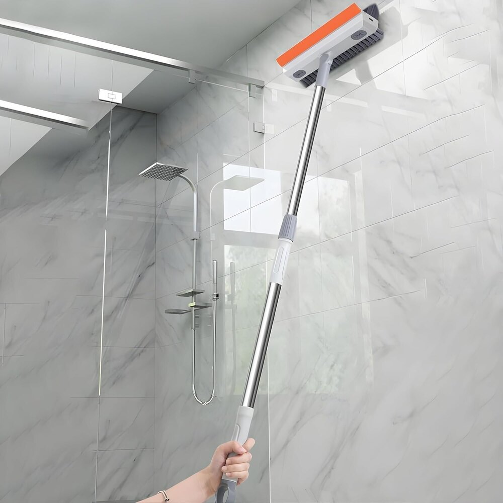 3 In 1 Tiles Cleaning Brush With Handle V-shape Stiff Bristle Cleaning Brush With Squeegee - Color: White