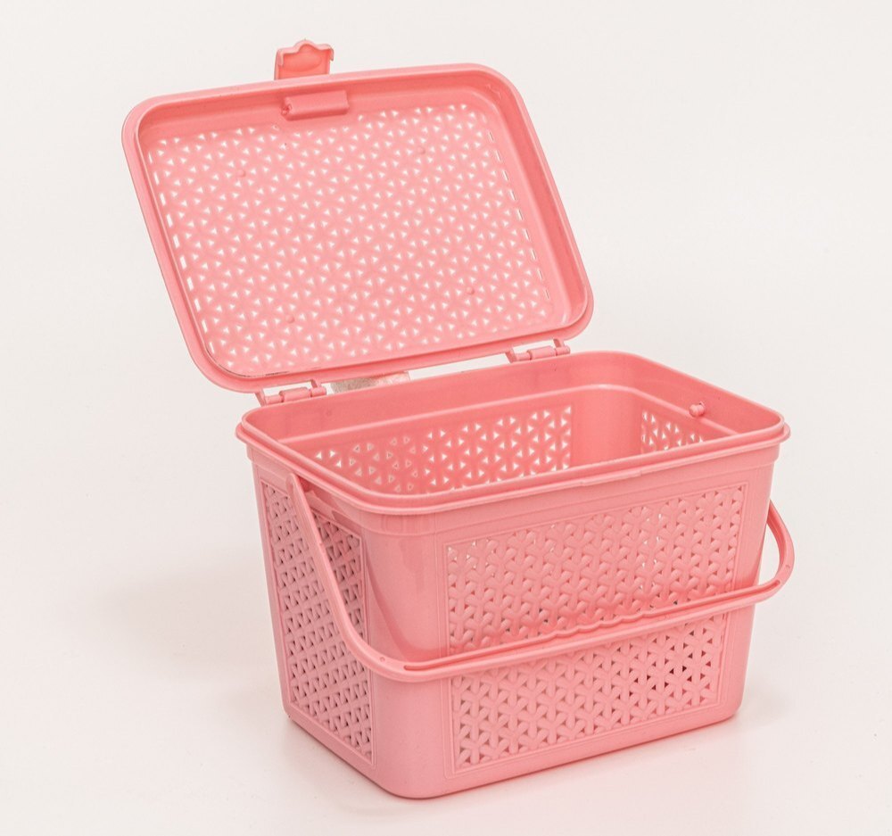 Plastic Storage Basket With Lid - Color: Pink