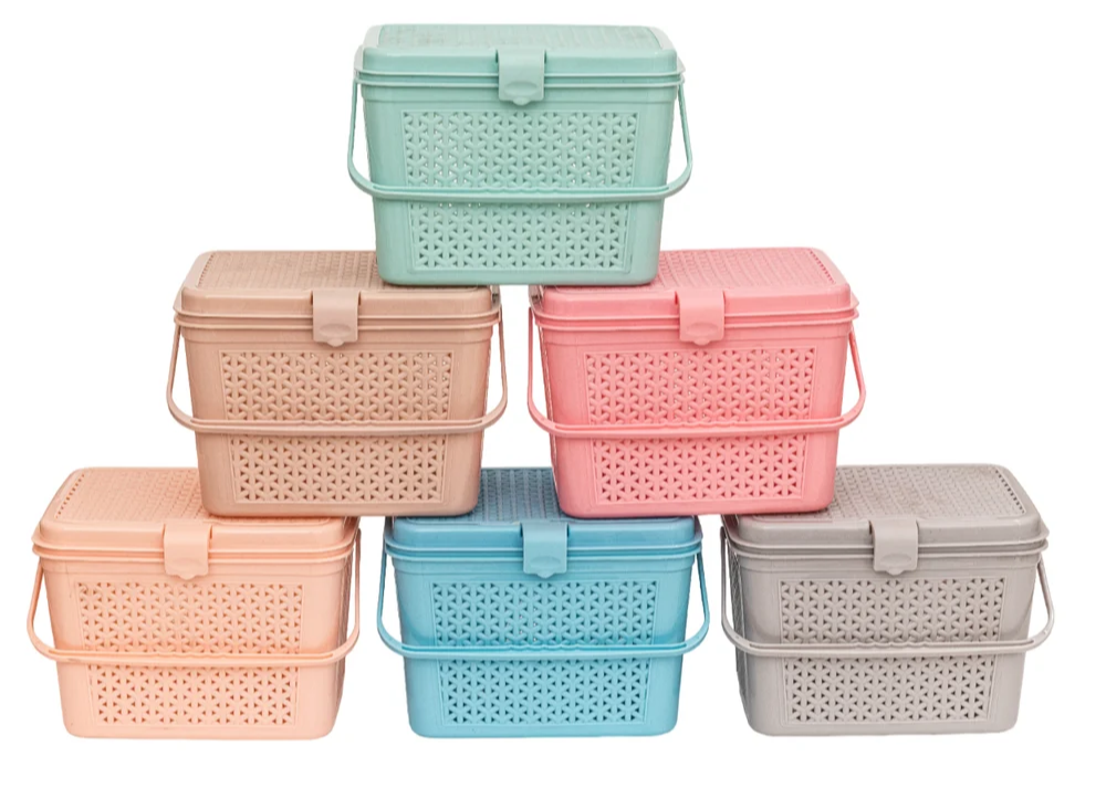 Plastic Storage Basket With Lid - Color: Pink