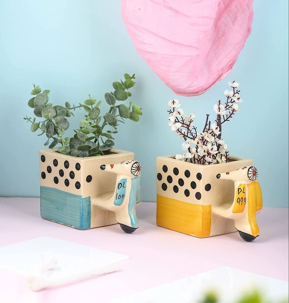 Indoor Plant Ceramic Pot Scooter Pot For Table Top Planters, Pen Stand, Kitchen Cutlery Holder