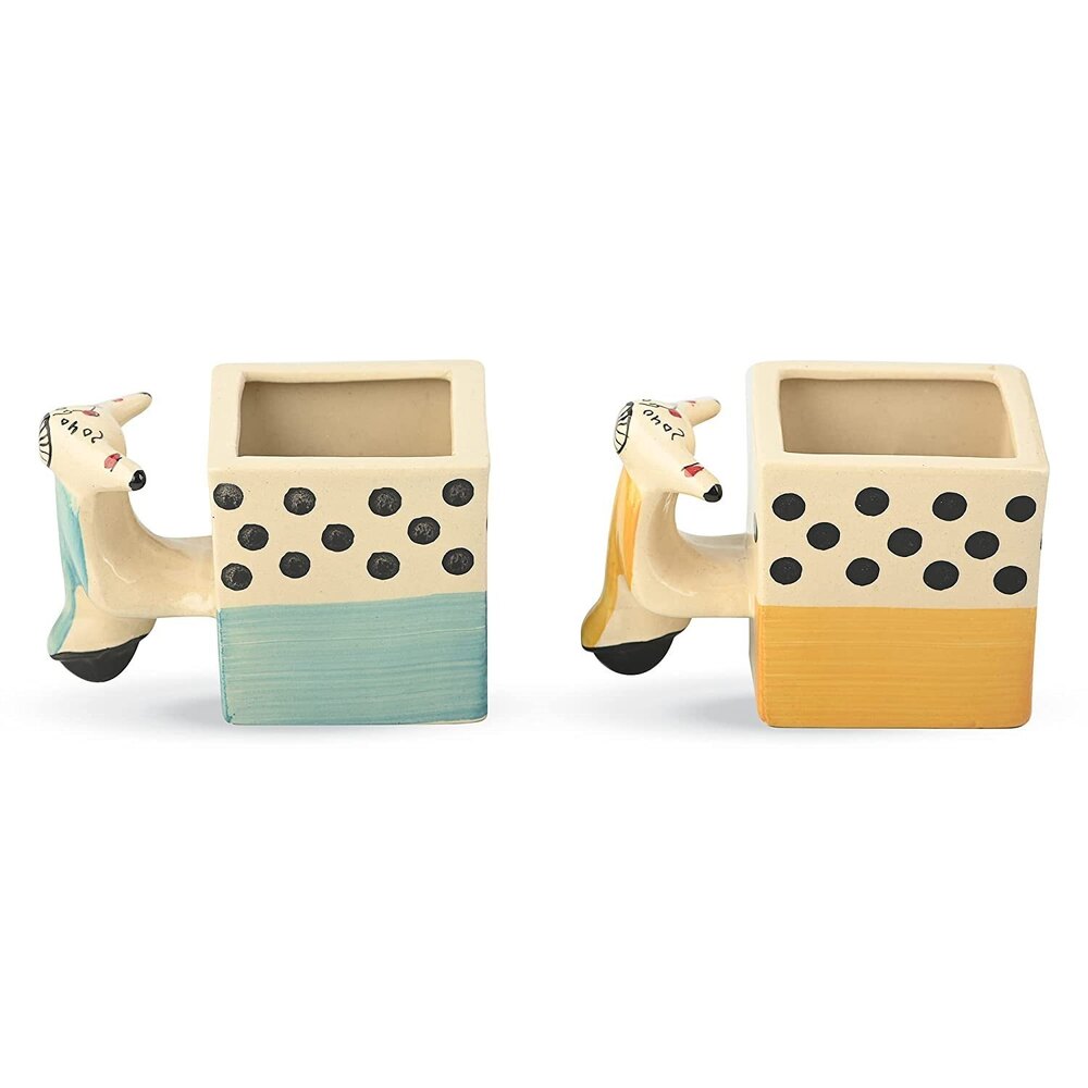 Indoor Plant Ceramic Pot Scooter Pot For Table Top Planters, Pen Stand, Kitchen Cutlery Holder