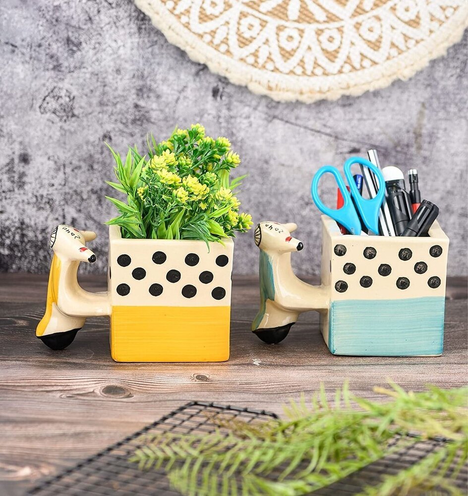 Indoor Plant Ceramic Pot Scooter Pot For Table Top Planters, Pen Stand, Kitchen Cutlery Holder