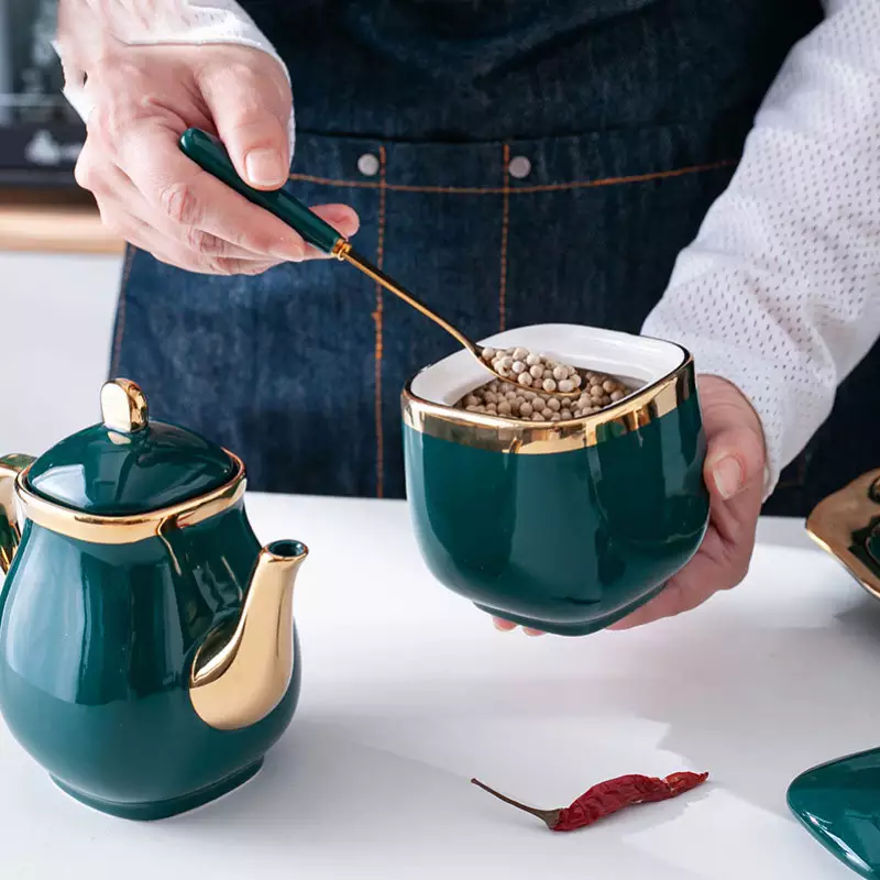 Ceramic Condiment Set Seasoning Pot with Ceramic Tray, Serving Spoon and Lid