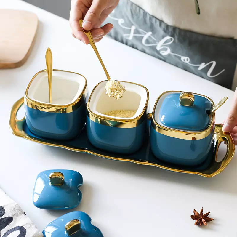 Ceramic Condiment Set Seasoning Pot with Ceramic Tray, Serving Spoon and Lid