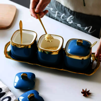 Ceramic Condiment Set Seasoning Pot with Ceramic Tray, Serving Spoon and Lid
