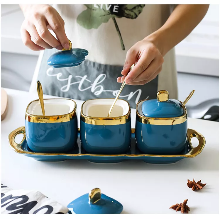 Ceramic Condiment Set Seasoning Pot with Ceramic Tray, Serving Spoon and Lid