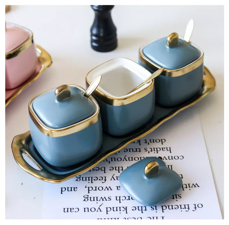 Ceramic Condiment Set Seasoning Pot with Ceramic Tray, Serving Spoon and Lid