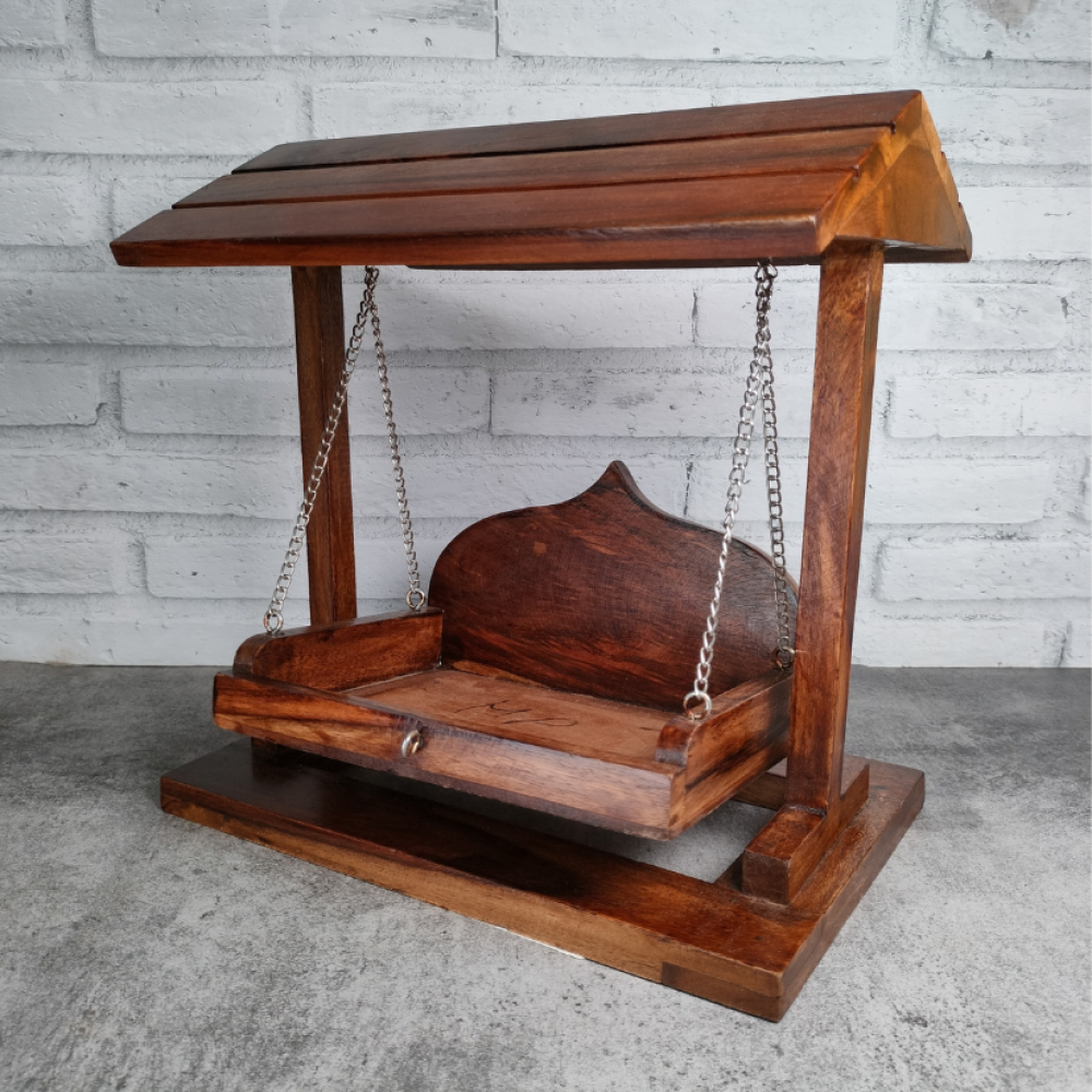 Decorative Solid Wood Jhula For Laddu Gopal Ji, Premium Quality Laddo Gopal Wooden Jhoola Swing For Kaanhaji / Thakur Ji 10 In Height - Color: Brown