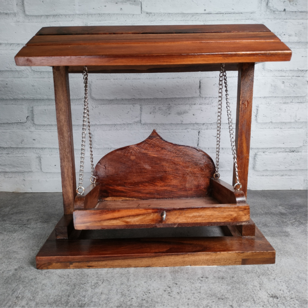 Decorative Solid Wood Jhula For Laddu Gopal Ji, Premium Quality Laddo Gopal Wooden Jhoola Swing For Kaanhaji / Thakur Ji 10 In Height - Color: Brown