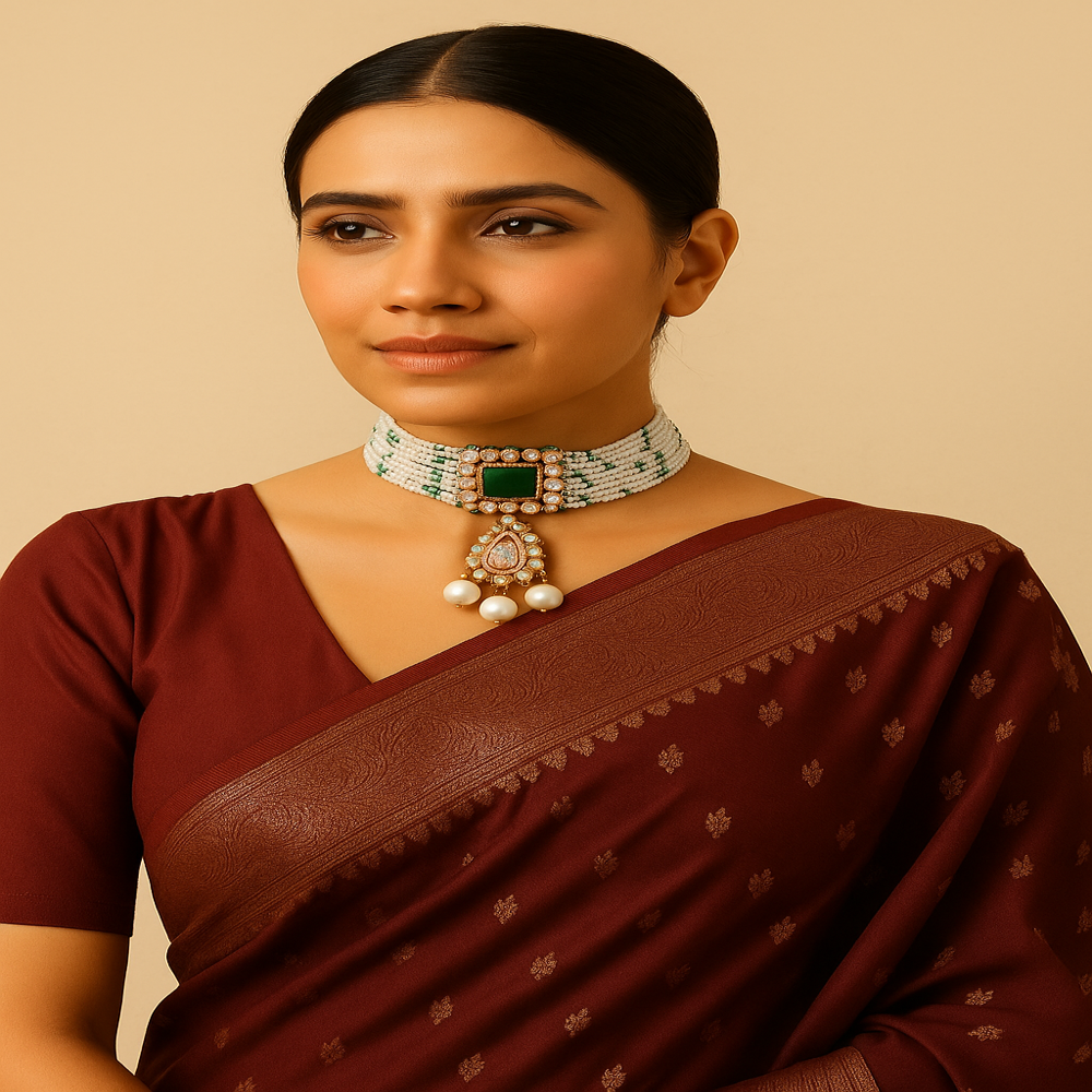 925 Silver Jaipur Choker Necklace with Moissanite, Emerald & Pearl