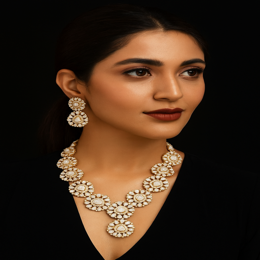 925 Sterling Silver Polki Jewelry Set with Moissanite & Carved Emerald Stones