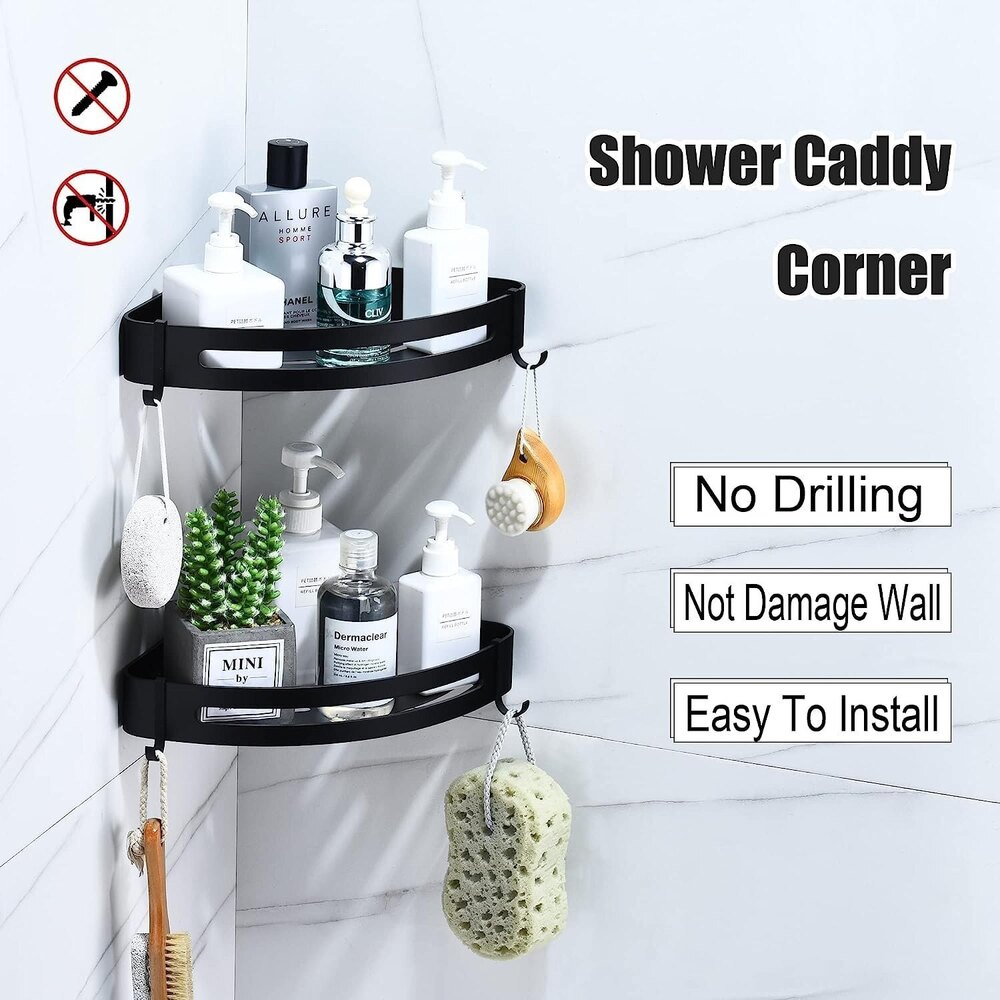 Corner Shower Caddy Aluminium Shelf with Removable Hooks for Bathroom, Kitchen, Home