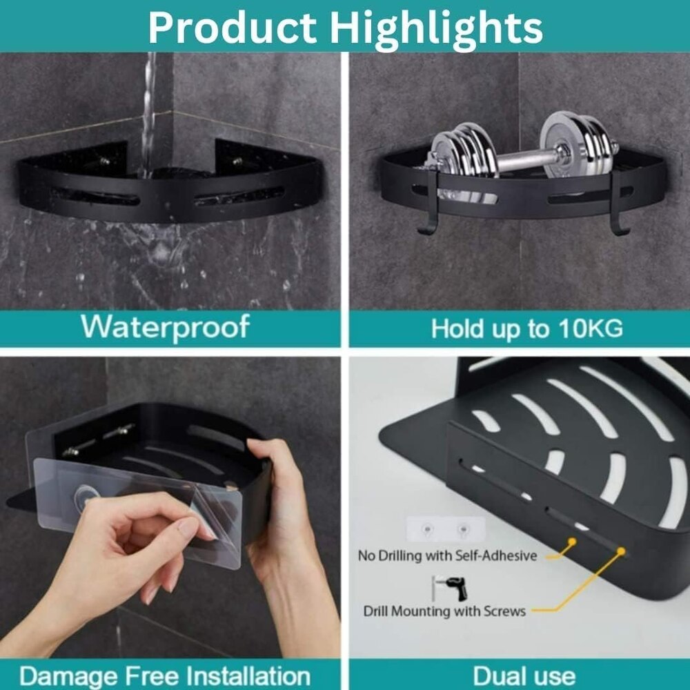 Corner Shower Caddy Aluminium Shelf with Removable Hooks for Bathroom, Kitchen, Home