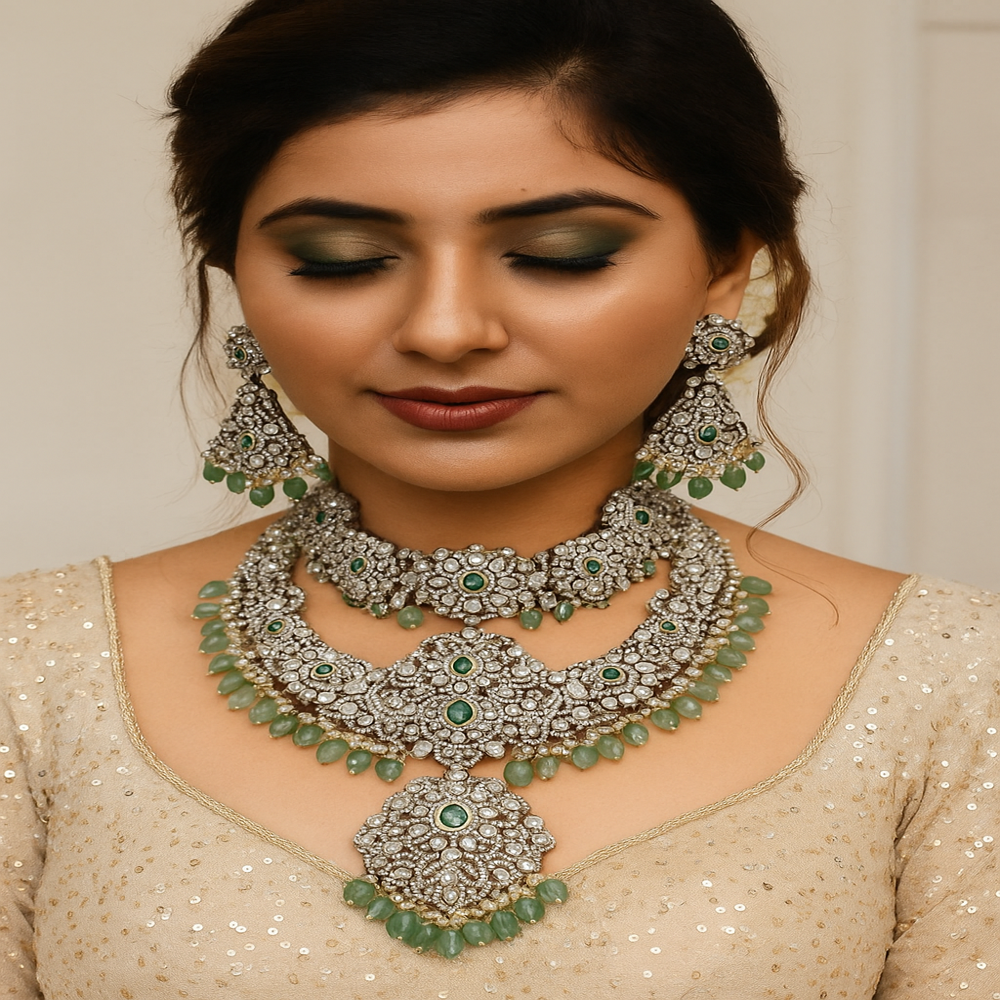 Emerald Necklace Set with Moissanite Stud Earrings in 925 Silver