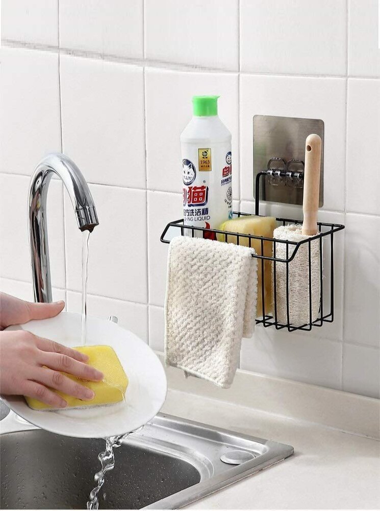 Metal Hanging Basket Wall Mounted Bathroom kitchen Sink Sponge Holder With Towel Hanger