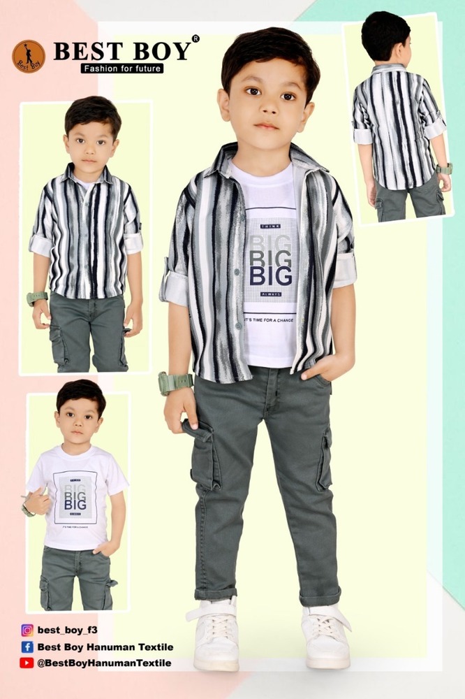 kids cargo pant with  round neck t-shirt  &  checked print SHIRT