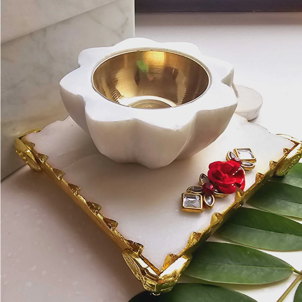 White Marble Lotus Shaped Diya