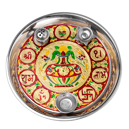 Stainless Steel Meenakari And Om Pooja Thali - Color: Multicolor