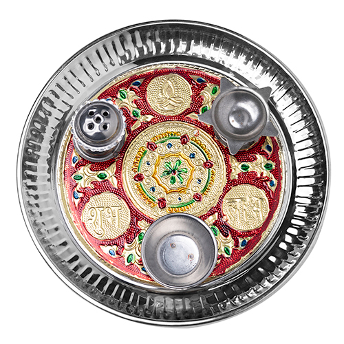 Gold Brass Pooja Thali - Color: Multicolor