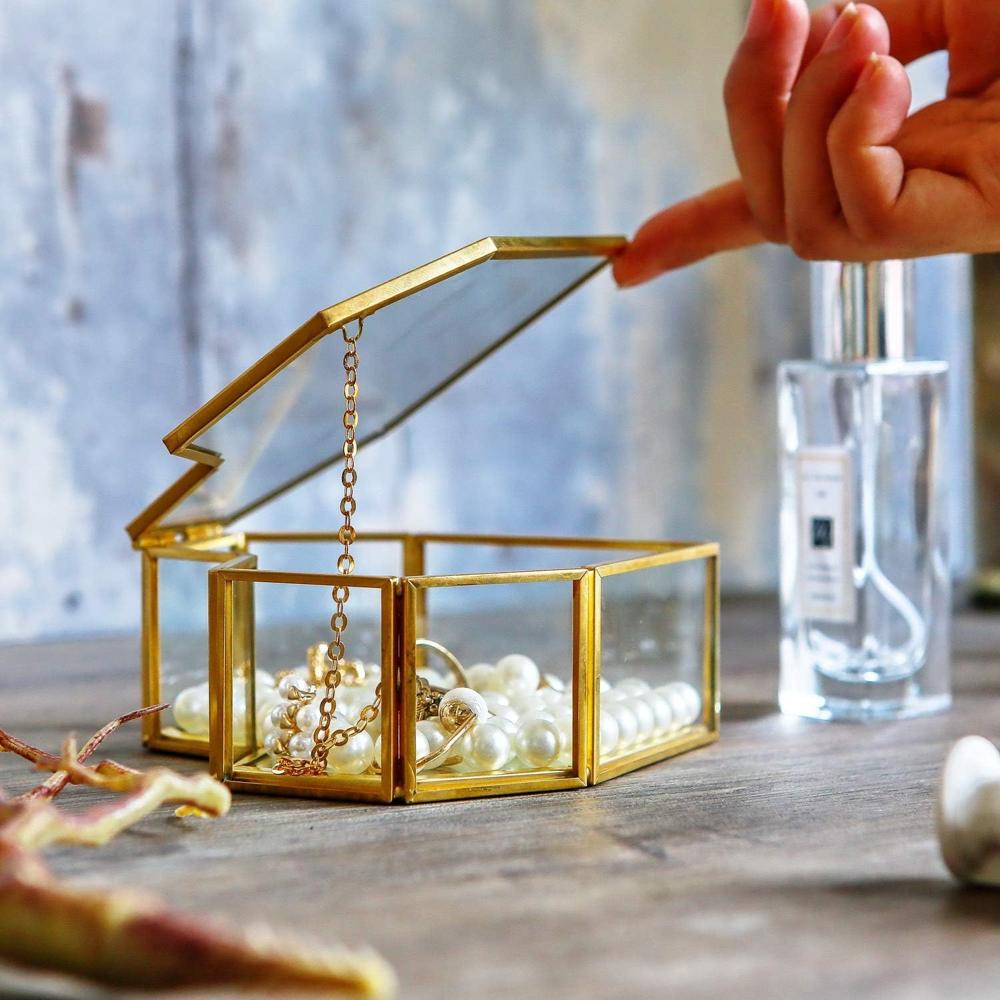 Brass And Glass Heart Shape Jwellery Boxes - Color: Electroplating Gold