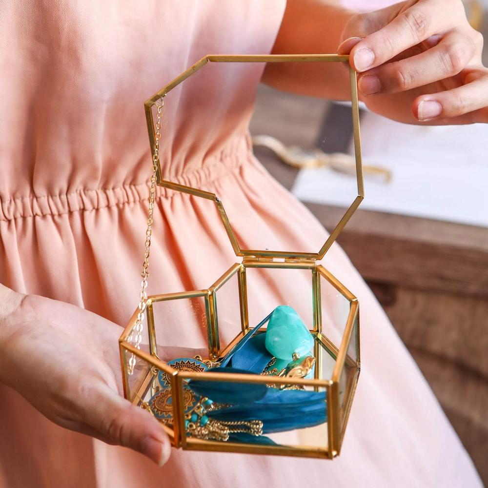 Brass And Glass Heart Shape Jwellery Boxes - Color: Electroplating Gold