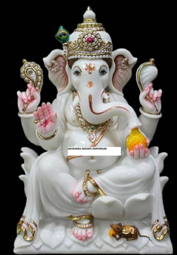 Marble Ganesh Statue Sitting On Lotus