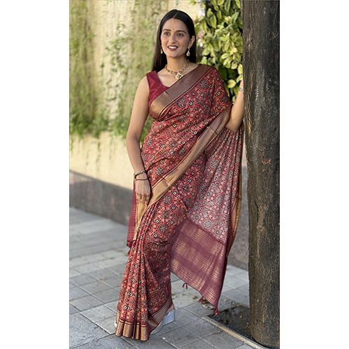 Chex Printed Saree - Mal Cotton, 5.5 Meters, Maroon Base With Multi-colored Chex Pattern, Contrast Zari Woven Border, Woven Chit Pallu, Ethnic Appeal