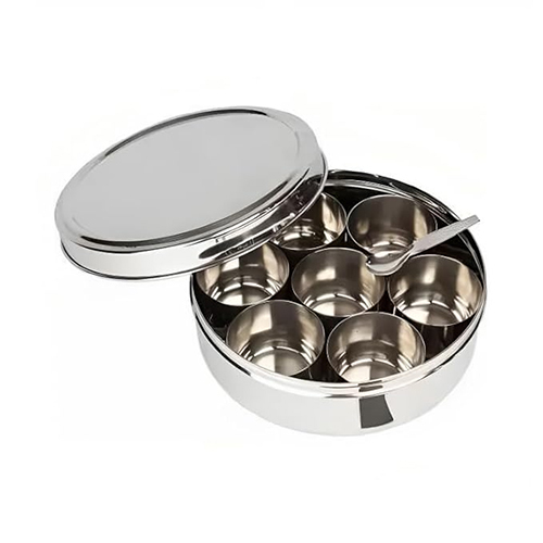 Stainless Steel Masala Box With 7 Bowls And Spoon - Color: Silver