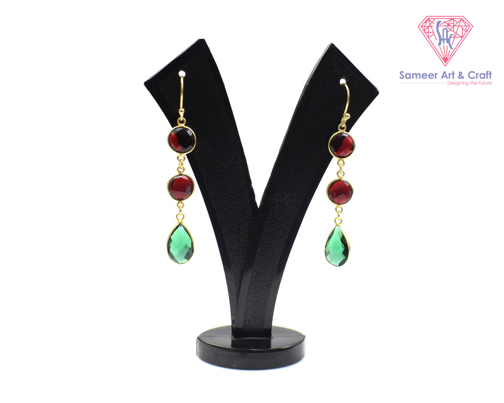 Classic Red Garnet & Green Quartz Gemstone Handmade Gold Plated Hoop Earring