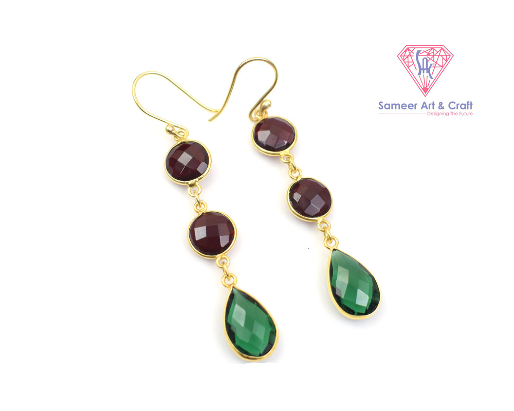 Classic Red Garnet & Green Quartz Gemstone Handmade Gold Plated Hoop Earring