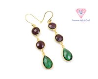 Classic Red Garnet & Green Quartz Gemstone Handmade Gold Plated Hoop Earring