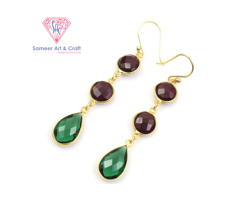 Classic Red Garnet & Green Quartz Gemstone Handmade Gold Plated Hoop Earring