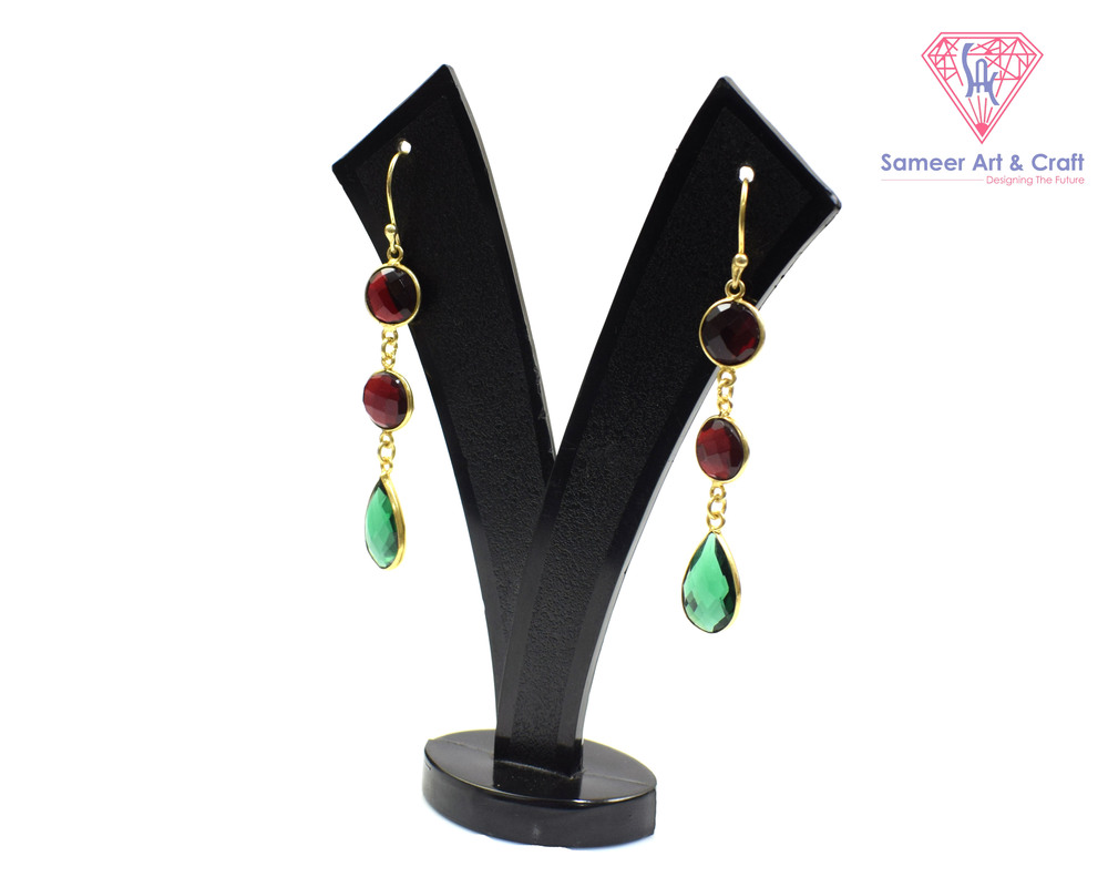 Classic Red Garnet & Green Quartz Gemstone Handmade Gold Plated Hoop Earring