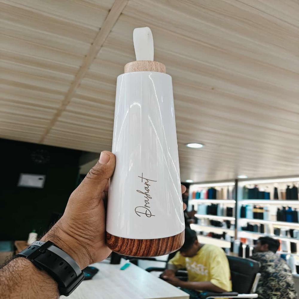 Stainless Steel Flask With Wood Base - Color: White