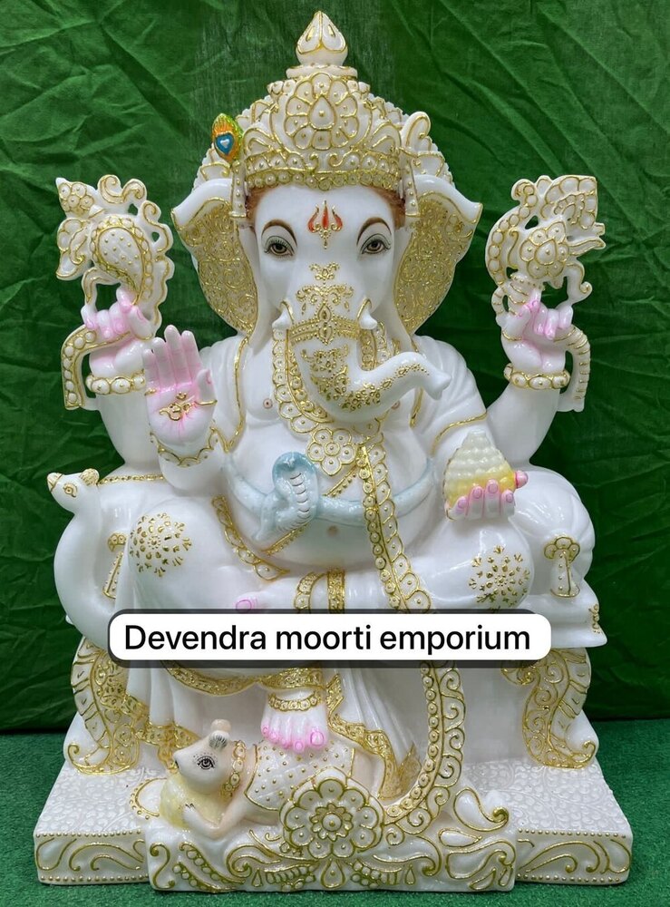 Marble Ganesh Moorti for Mandir with Polished & Detailed Carving
