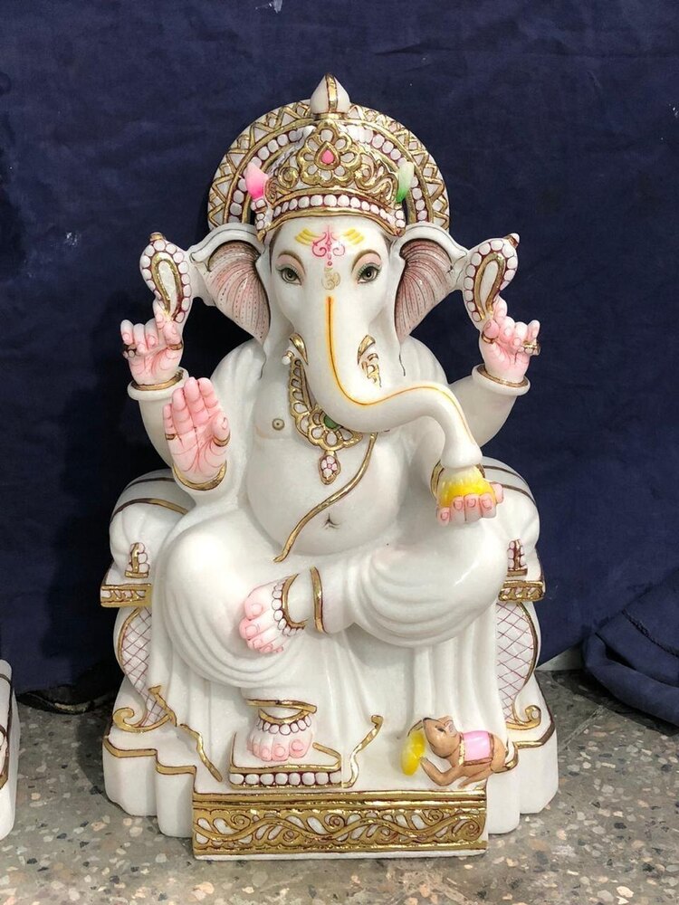 Traditional Makrana Marble Ganesh Statue - Size Range: 1 to 8 Feet, Color: White | Ideal for Temple and Home Decor