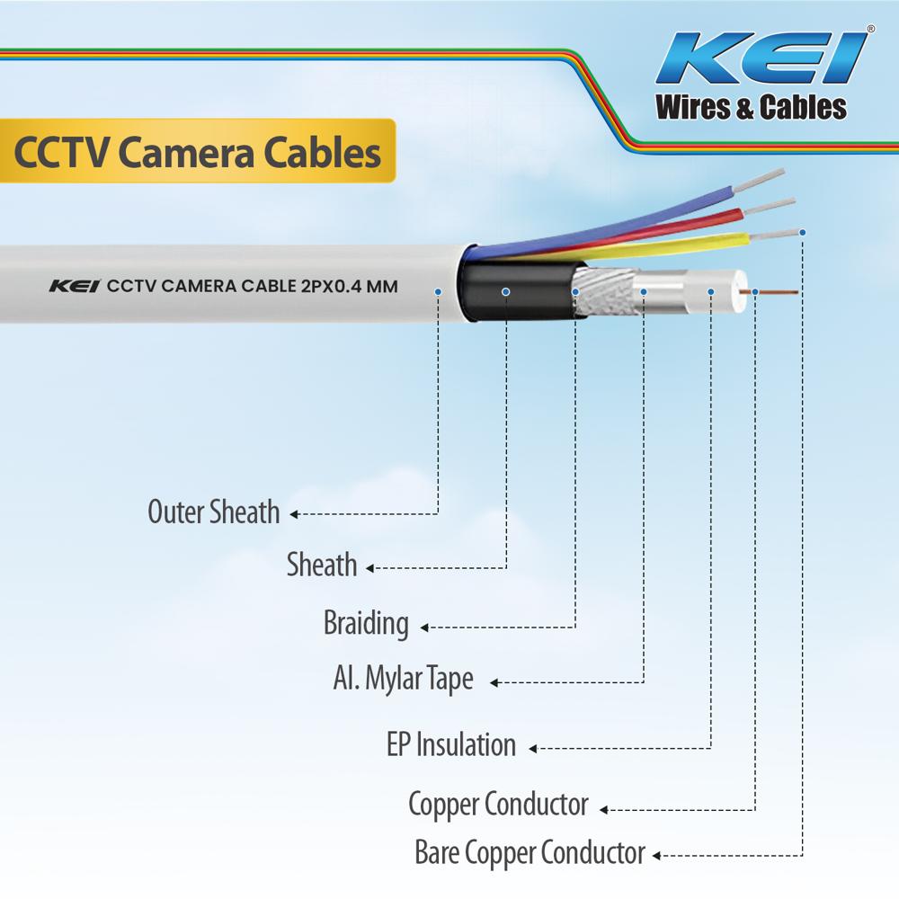 KEI CCTV Camera Cable 3+1,RG59 Copper Jelly Filled Co-Axiel,All-in-One Video & Power Cable Cord with PVC Jacket,High Quality Video Signal, Suitable for Residential,Offices,& Hotels Use(White,90 Meter)