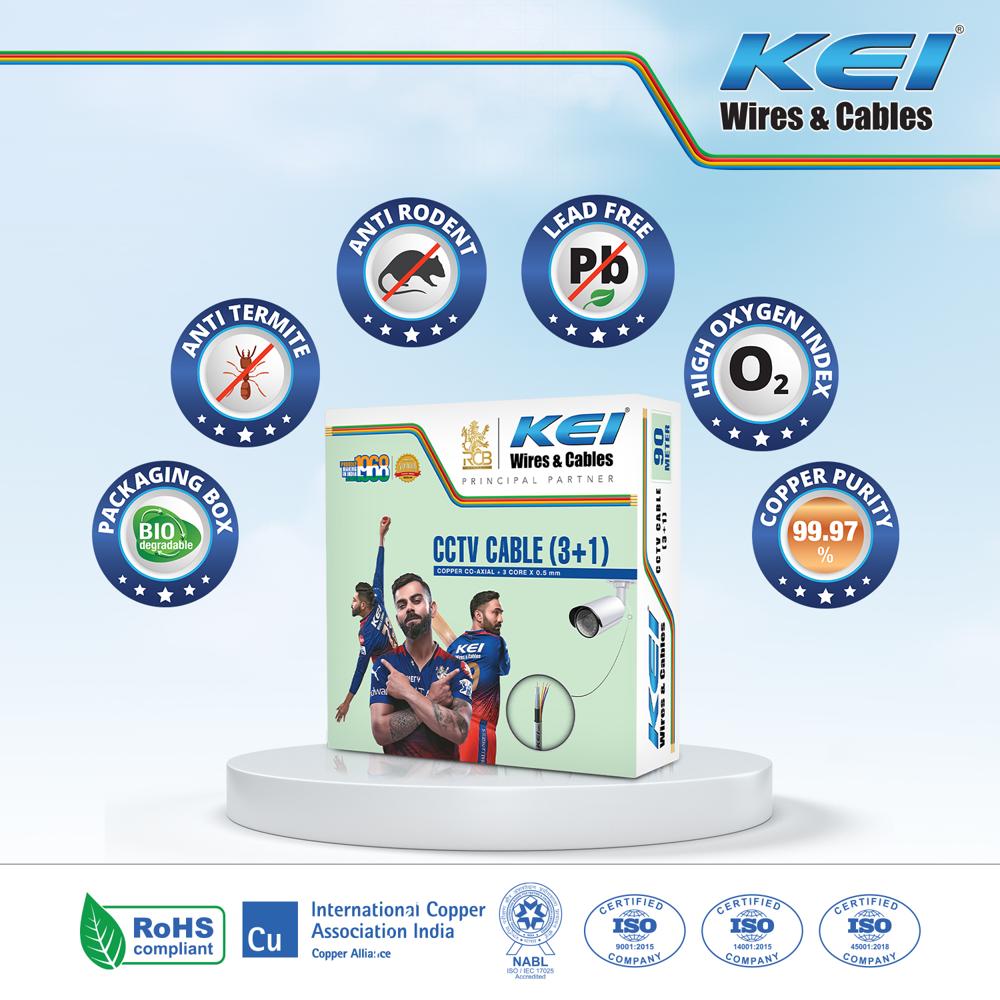 KEI CCTV Camera Cable 3+1,RG59 Copper Jelly Filled Co-Axiel,All-in-One Video & Power Cable Cord with PVC Jacket,High Quality Video Signal, Suitable for Residential,Offices,& Hotels Use(White,90 Meter)