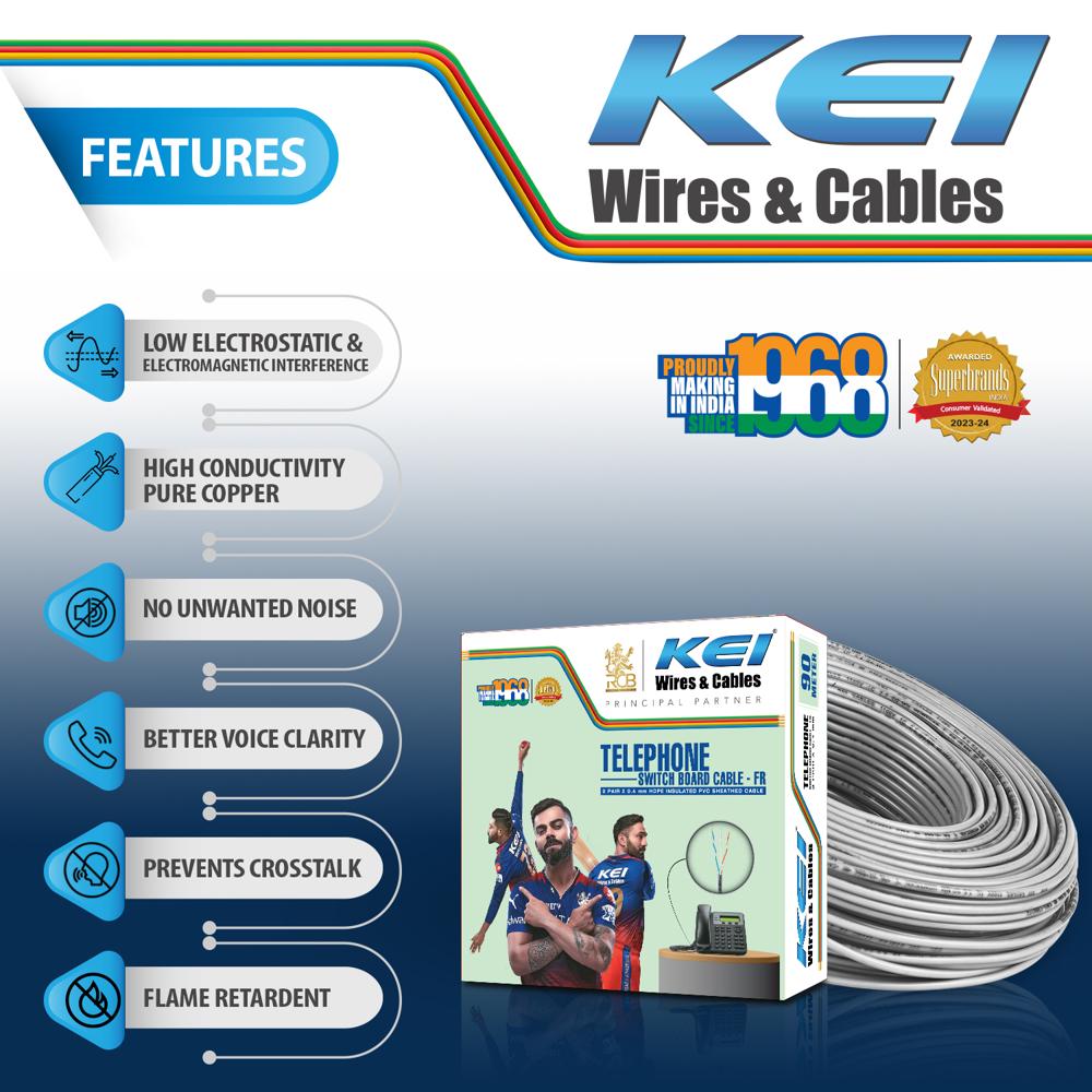 KEI Telephone Cable 2PairX0.4mm Dia High Conductivity Copper Telephone Switch Board Cable, Fire Retardant, PVC Insulated Telephone Cable for Residential,Offices,factories & Hotels Use(Grey, 90 Meter)