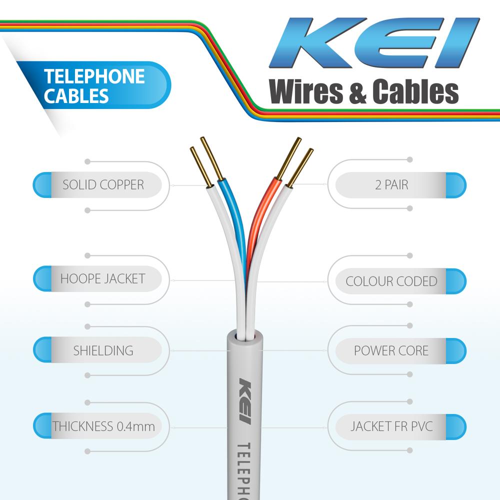 KEI Telephone Cable 2PairX0.4mm Dia High Conductivity Copper Telephone Switch Board Cable, Fire Retardant, PVC Insulated Telephone Cable for Residential,Offices,factories & Hotels Use(Grey, 90 Meter)