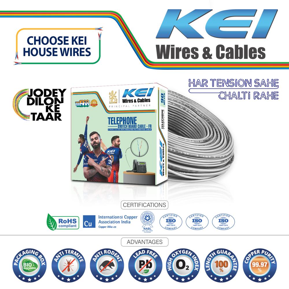 KEI Telephone Cable 2PairX0.4mm Dia High Conductivity Copper Telephone Switch Board Cable, Fire Retardant, PVC Insulated Telephone Cable for Residential,Offices,factories & Hotels Use(Grey, 90 Meter)