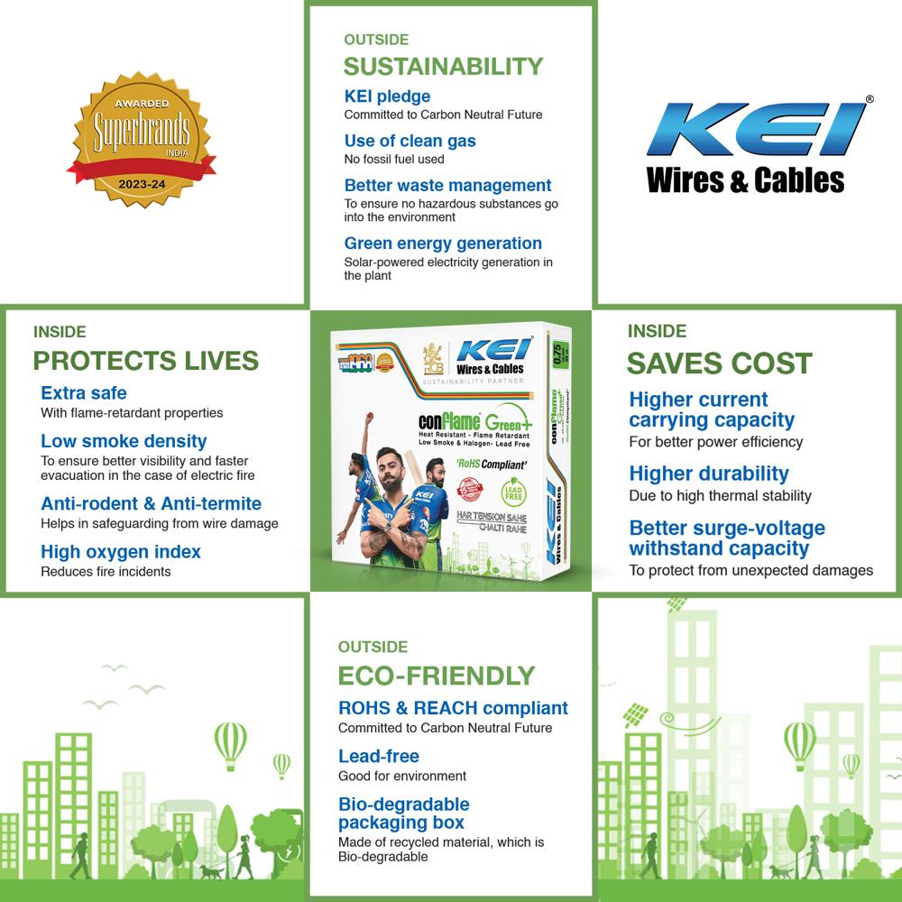 Kei Conflame Green Plus 0.75 Sqmm 1 Core Copper Heat Resistant Flame Retardant Low Smoke & Halogen - Lead Free House Wire For Domestic & Industrial Electrical Wiring - Cable Capacity: 9 Ampere (Amp)
