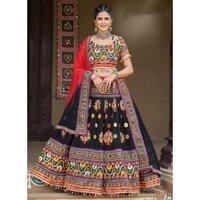 Real Mirror Art Silk Yellow And Black Gamthi Chaniya Choli - Garba Lehenga With Art Silk Dupatta , Traditional Embroidery Work