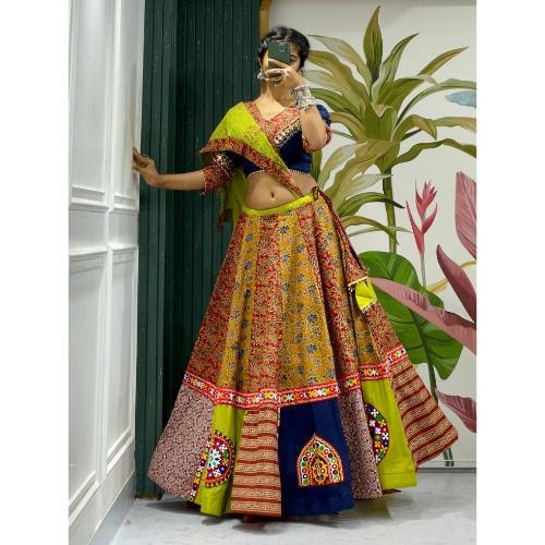 Real Mirror Art Silk Yellow And Black Gamthi Chaniya Choli - Garba Lehenga With Art Silk Dupatta , Traditional Embroidery Work