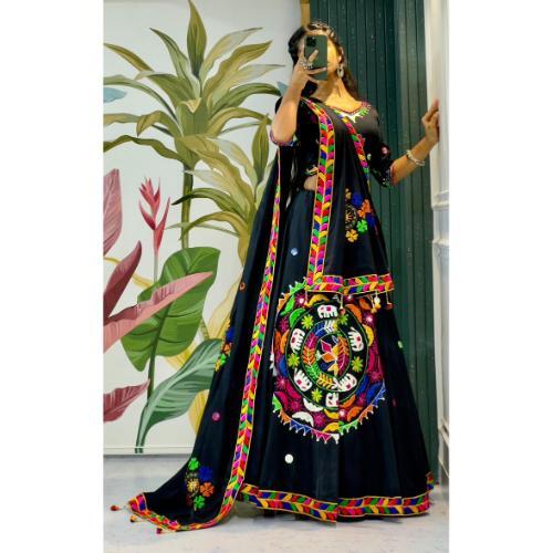 Real Mirror Art Silk Yellow And Black Gamthi Chaniya Choli - Garba Lehenga With Art Silk Dupatta , Traditional Embroidery Work