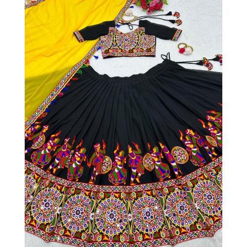Real Mirror Art Silk Yellow And Black Gamthi Chaniya Choli - Garba Lehenga With Art Silk Dupatta , Traditional Embroidery Work