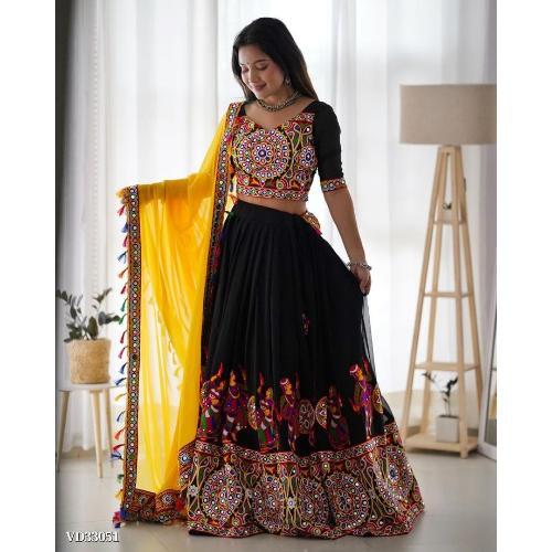 Real Mirror Art Silk Yellow And Black Gamthi Chaniya Choli - Garba Lehenga With Art Silk Dupatta , Traditional Embroidery Work