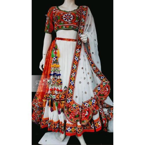 Real Mirror Art Silk Yellow And Black Gamthi Chaniya Choli - Garba Lehenga With Art Silk Dupatta , Traditional Embroidery Work